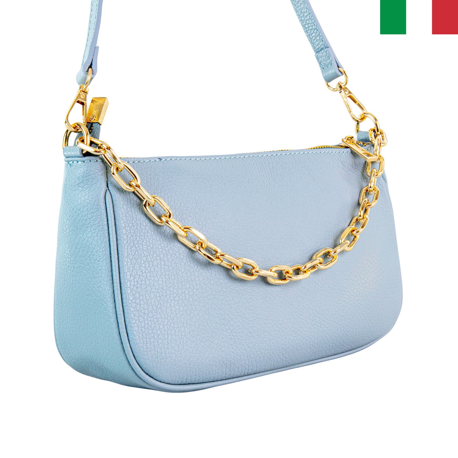 12.10.2023-4-син-лице Дамска чанта от естествена кожа през рамо със синджир - син - Image 1