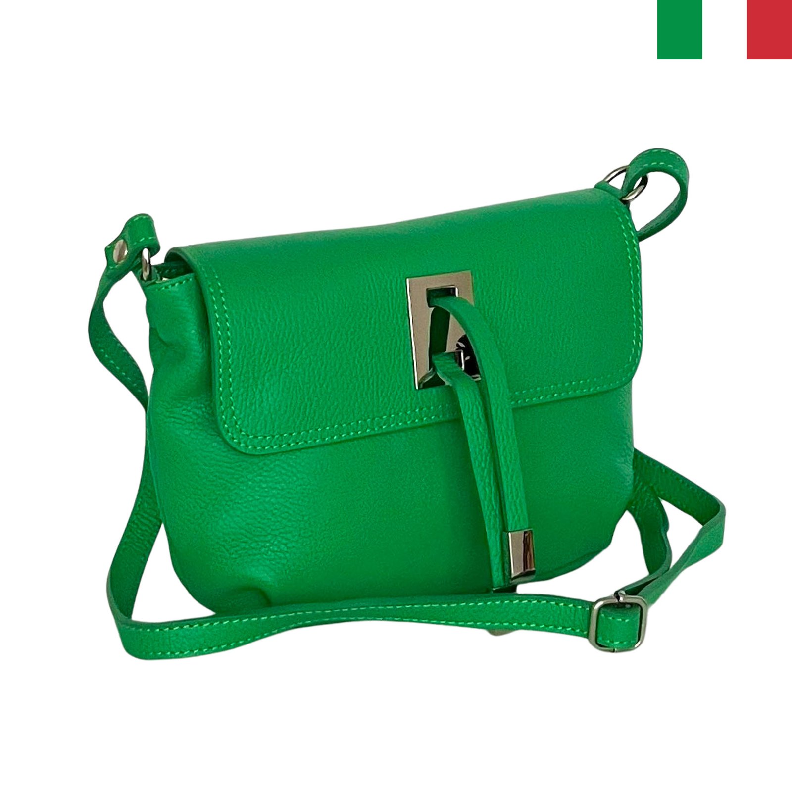 it233-green-a Малка дамска чанта от естествена кожа с капак с висулки - цвят зелено - Image 1
