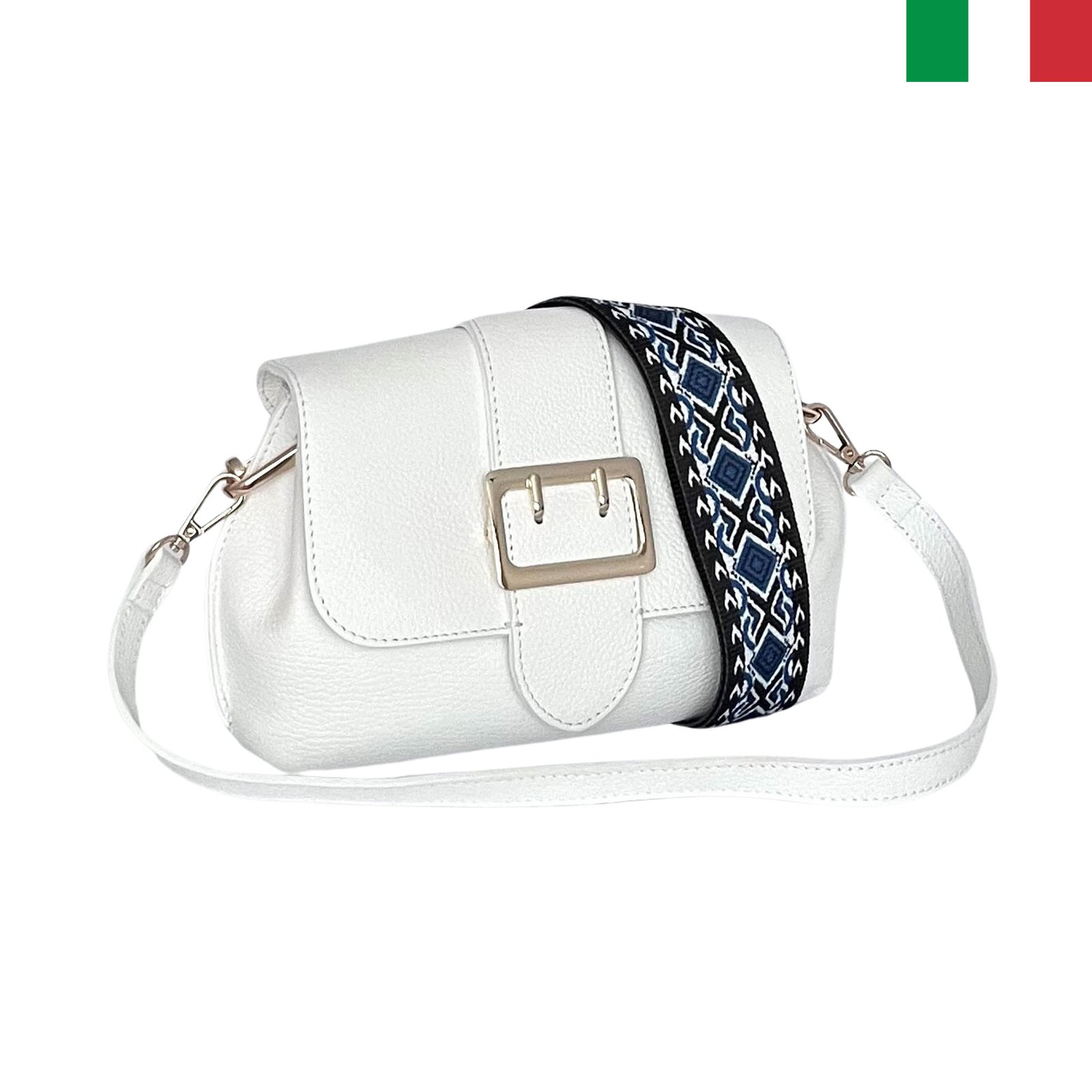 itl351-bql-a Дамска чанта от естествена кожа с катарама на капака и два вида дръжки - бял - Image 1