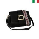 Дамска чанта от естествена кожа с катарама на капака и два вида дръжки - черен