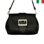 Дамска чанта от естествена кожа с катарама на капака и два вида дръжки - черен - Image 2