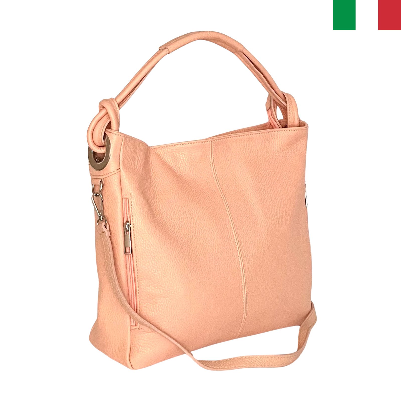 wl337-praskova-a Дамска чанта тип “торба” от естествена кожа и възли на дръжката - Праскова - Image 1