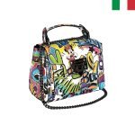 Модерна  малка дамска чанта от естествена кожа с дръжка синджир и къса кожена дръжка - Цветен принт