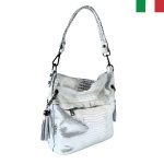 Дамска чанта  от  лазерно обработена кожа - сребро