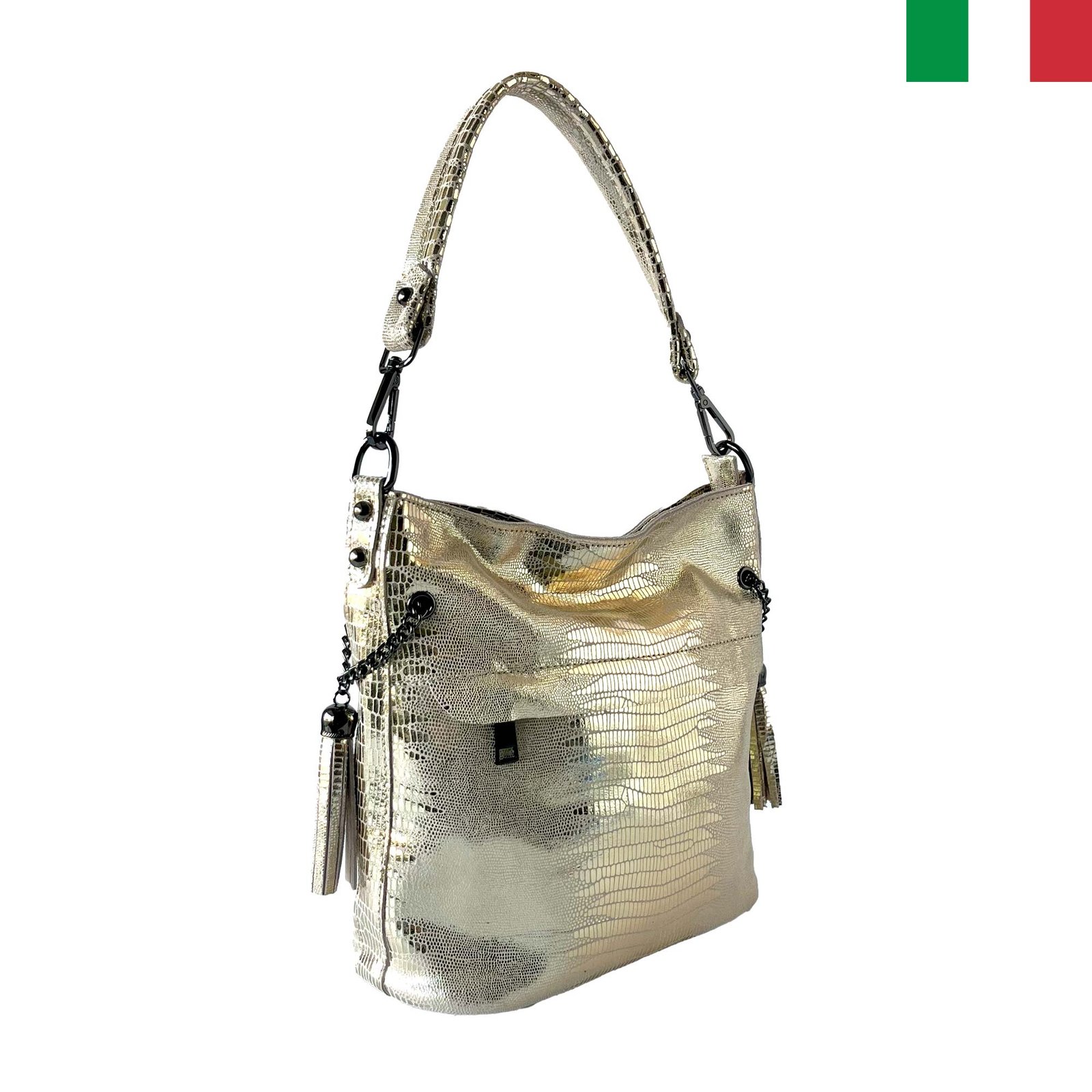 CH3301-zlato-a Дамска чанта от лазерно обработена кожа - Злато - Image 1