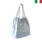 Дамска чанта тип “торба” от естествена лазерно обработена кожа - Бяло сребро