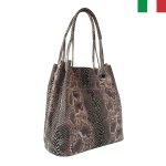 Дамска чанта тип “торба” от естествена лазерно обработена кожа - змийско бежаво