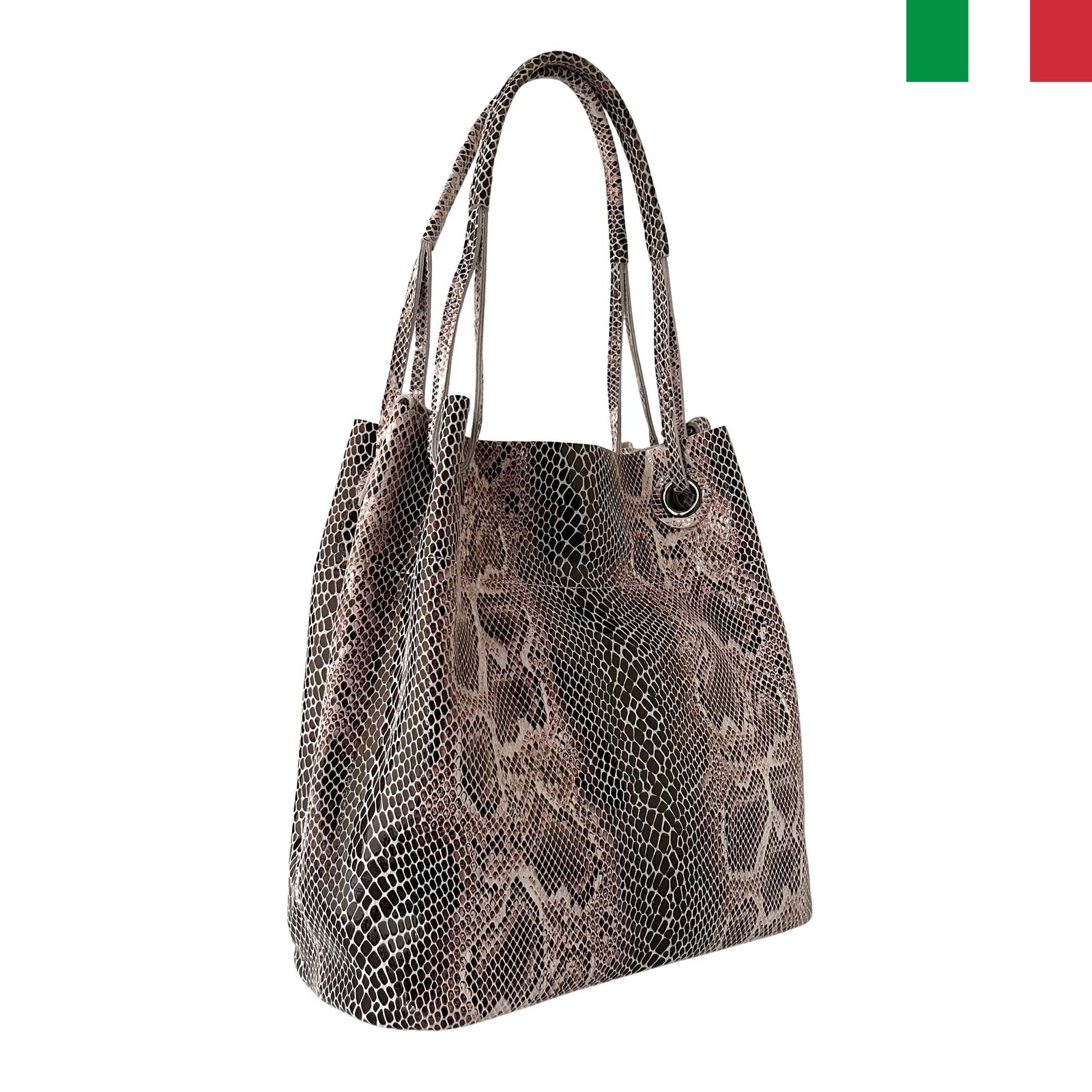 CH7520-zm-bejov-a Дамска чанта тип “торба” от естествена лазерно обработена кожа - змийско бежаво - Image 1