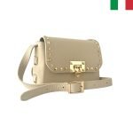 Модерна дамска от естествена кожа чанта с капси - бежаво