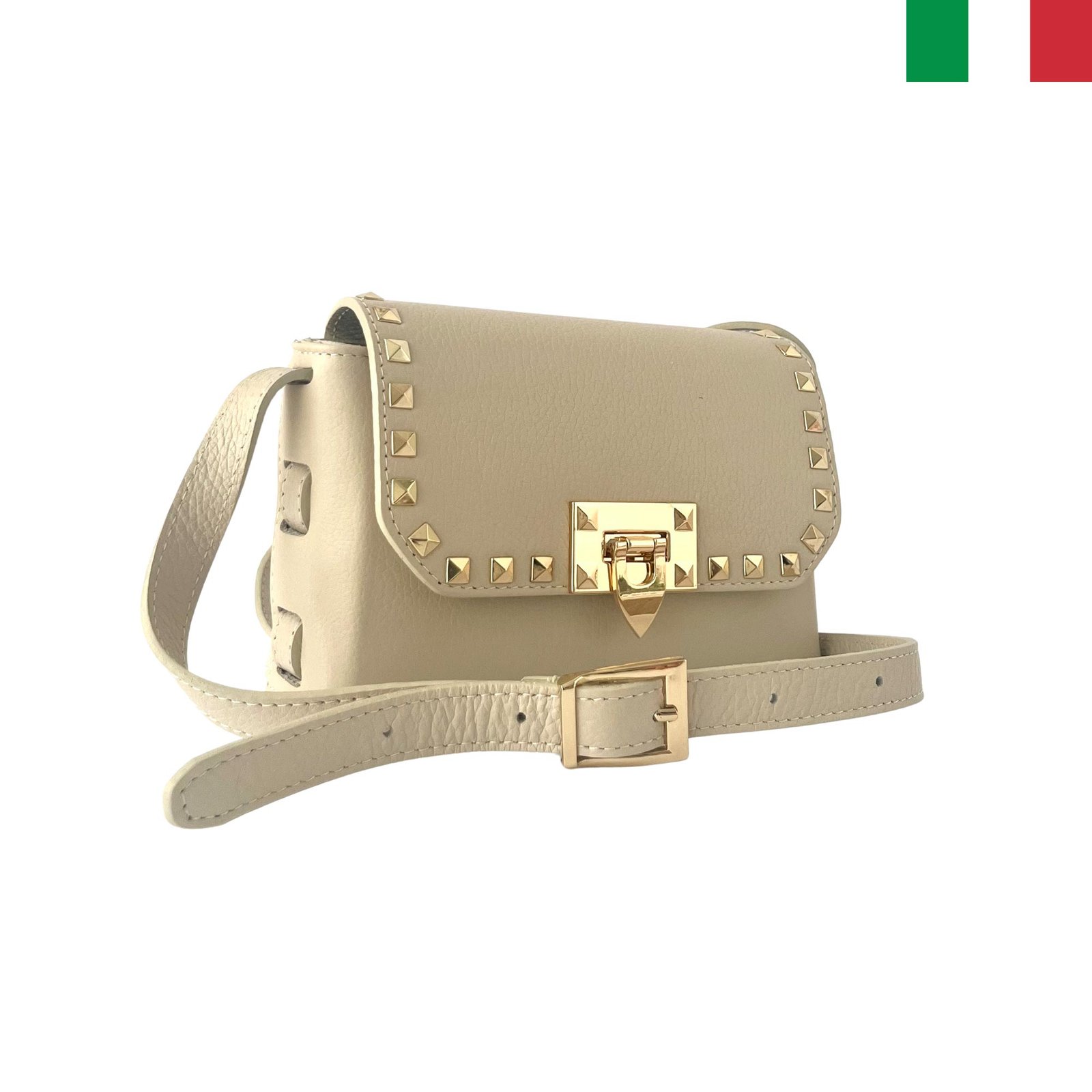 BIP1235-bejov-a Модерна дамска от естествена кожа чанта с капси - бежаво - Image 1