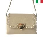 Модерна дамска от естествена кожа чанта с капси - бежаво - Image 2