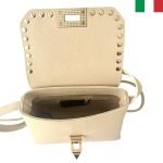 Модерна дамска от естествена кожа чанта с капси - бежаво - Image 4