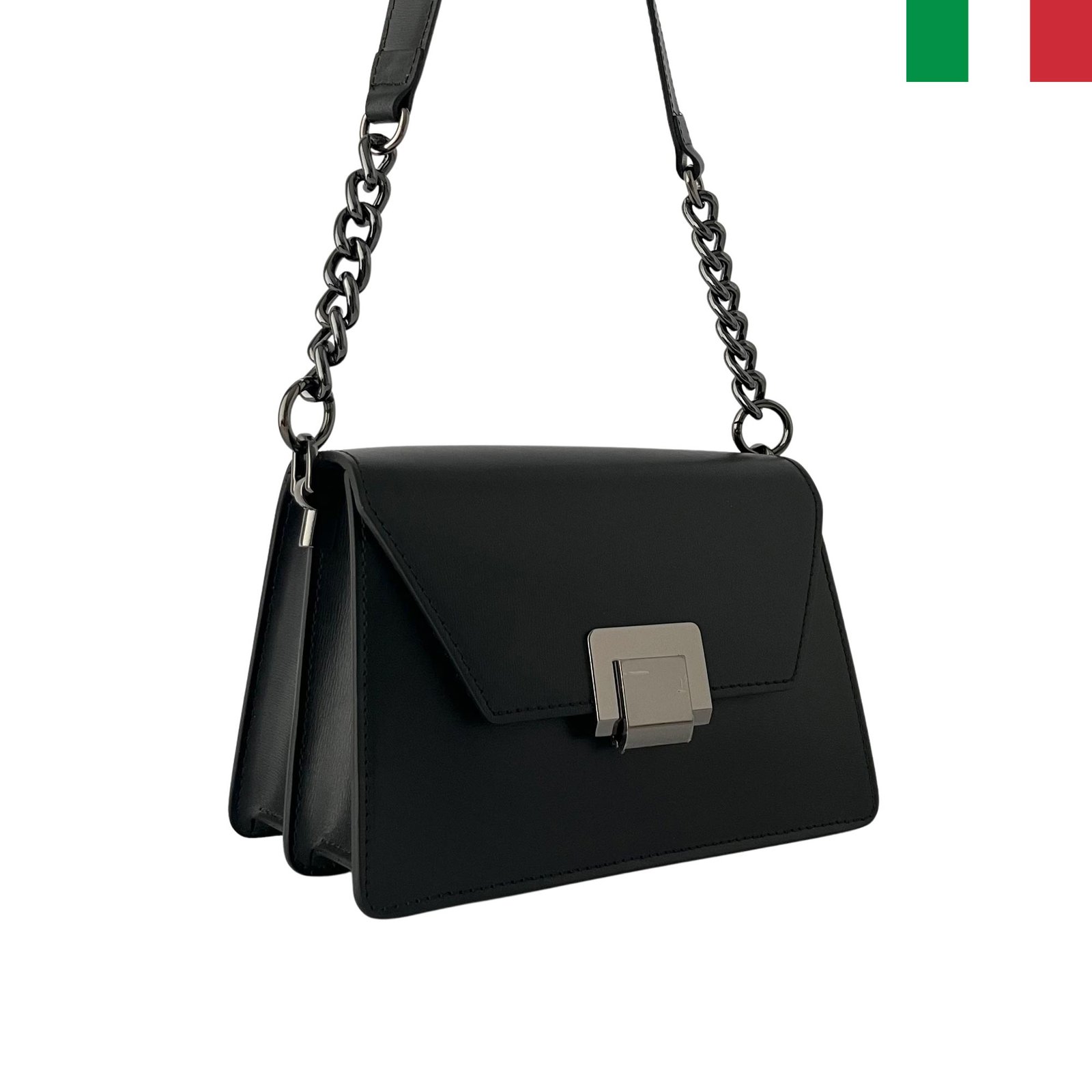 sg1235-cheren-a Модерна твърда дамска чанта от естествена кожа с дръжка синджир и кожа - черен - Image 1